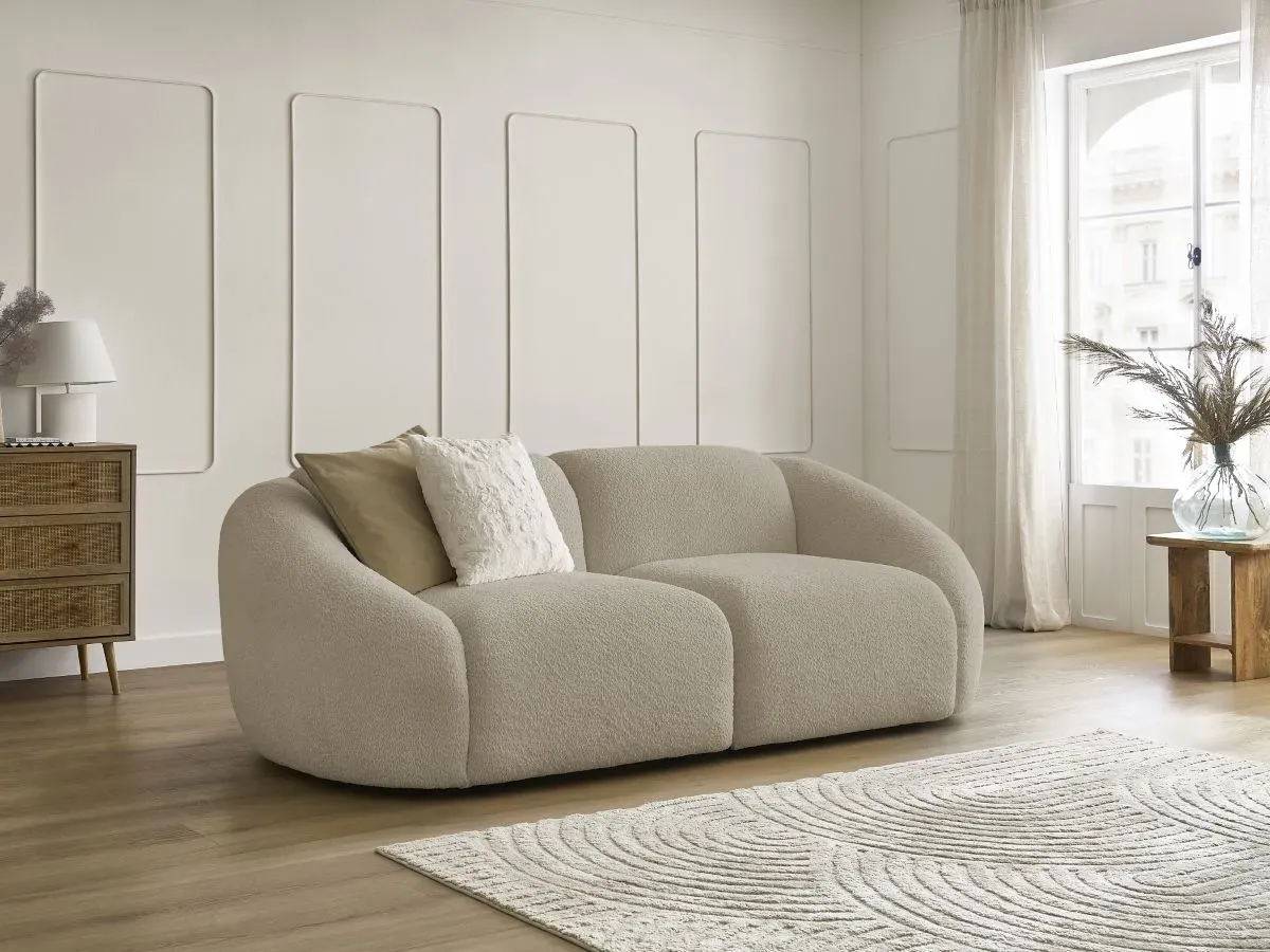 Canapé droit fixe 2 places TINA tissu bouclette beige   BOBOCHIC