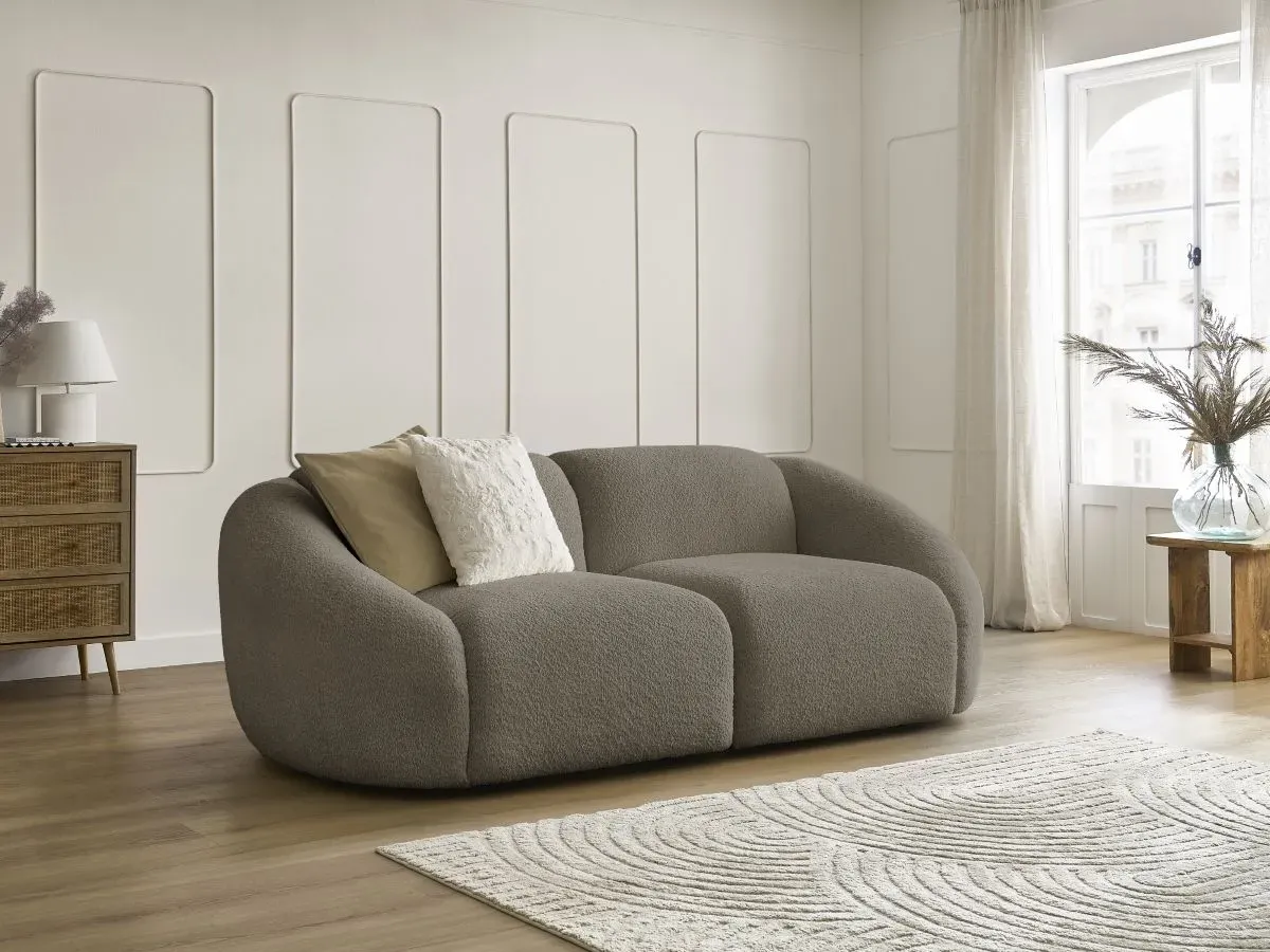 Canapé droit fixe 2 places TINA tissu bouclette taupe   BOBOCHIC