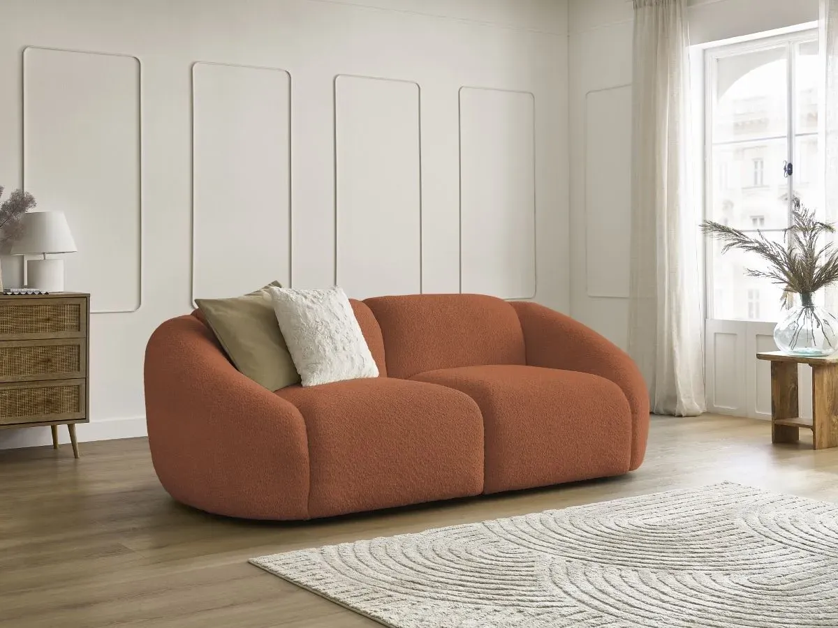 Canapé droit fixe 2 places TINA tissu bouclette orange   BOBOCHIC