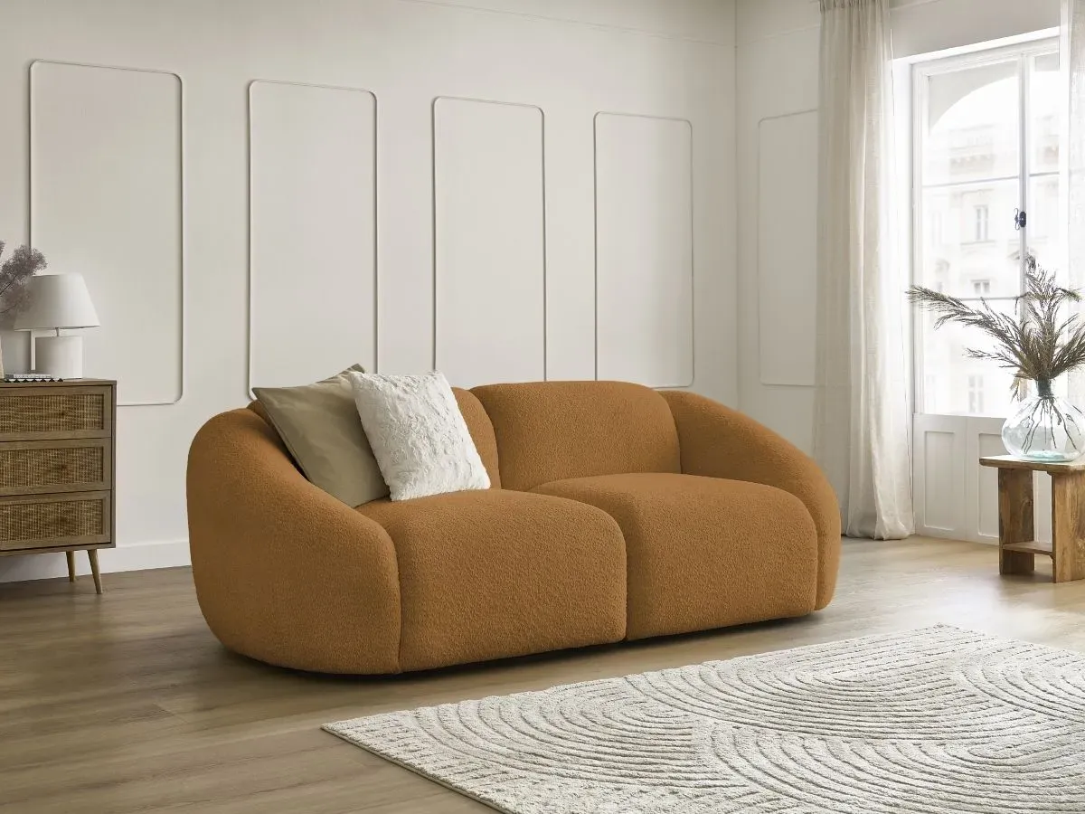 Canapé droit fixe 2 places TINA tissu bouclette jaune   BOBOCHIC