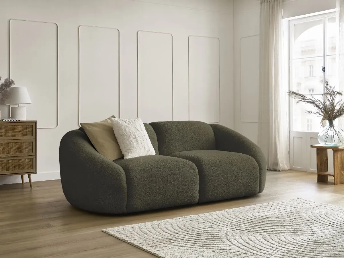 Canapé droit fixe 2 places TINA tissu bouclette vert   BOBOCHIC