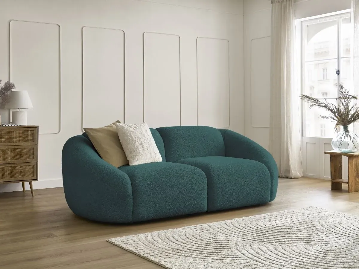 Canapé droit fixe 2 places TINA tissu bouclette bleu clair   BOBOCHIC