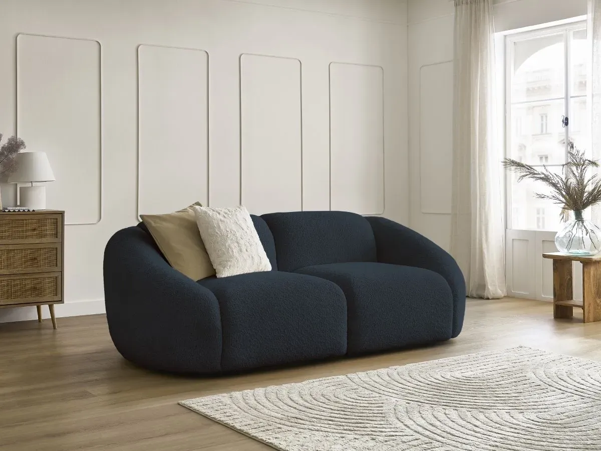Canapé droit fixe 2 places TINA tissu bouclette bleu foncé   BOBOCHIC