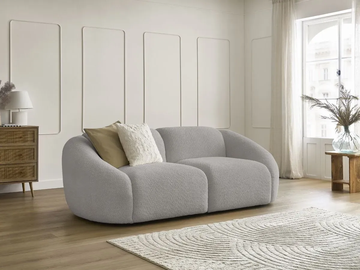 Canapé droit fixe 2 places TINA tissu bouclette gris clair   BOBOCHIC