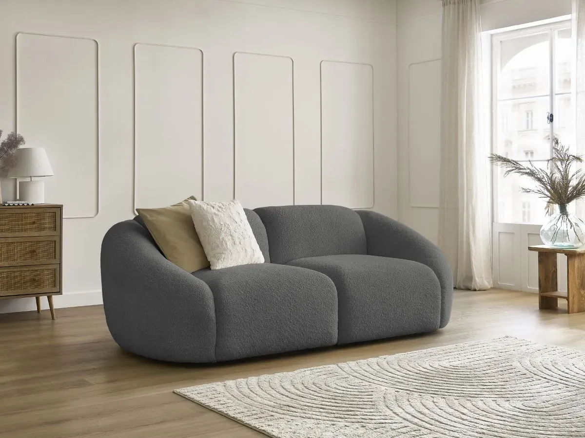 Canapé droit fixe 2 places TINA tissu bouclette gris foncé   BOBOCHIC