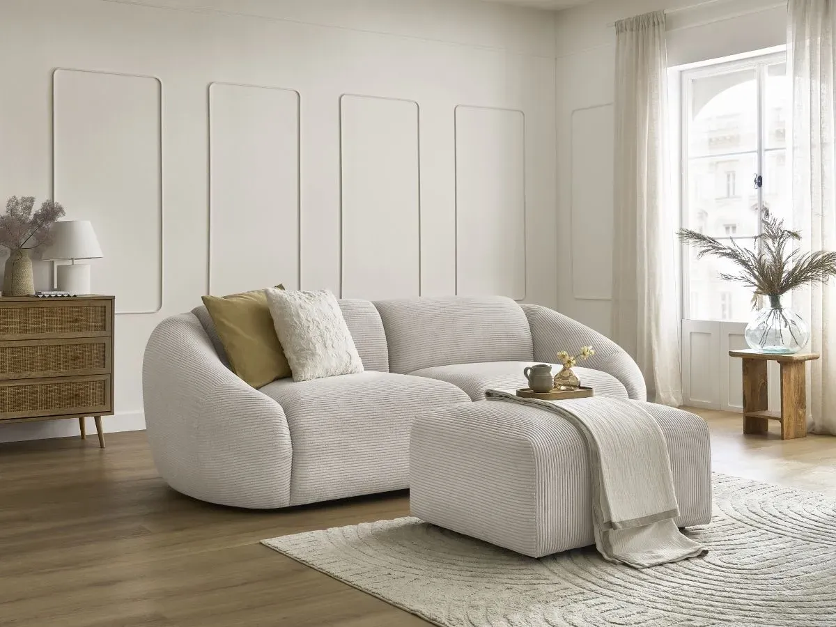 Canapé droit fixe 3 places TINA velours côtelé avec pouf beige   BOBOCHIC