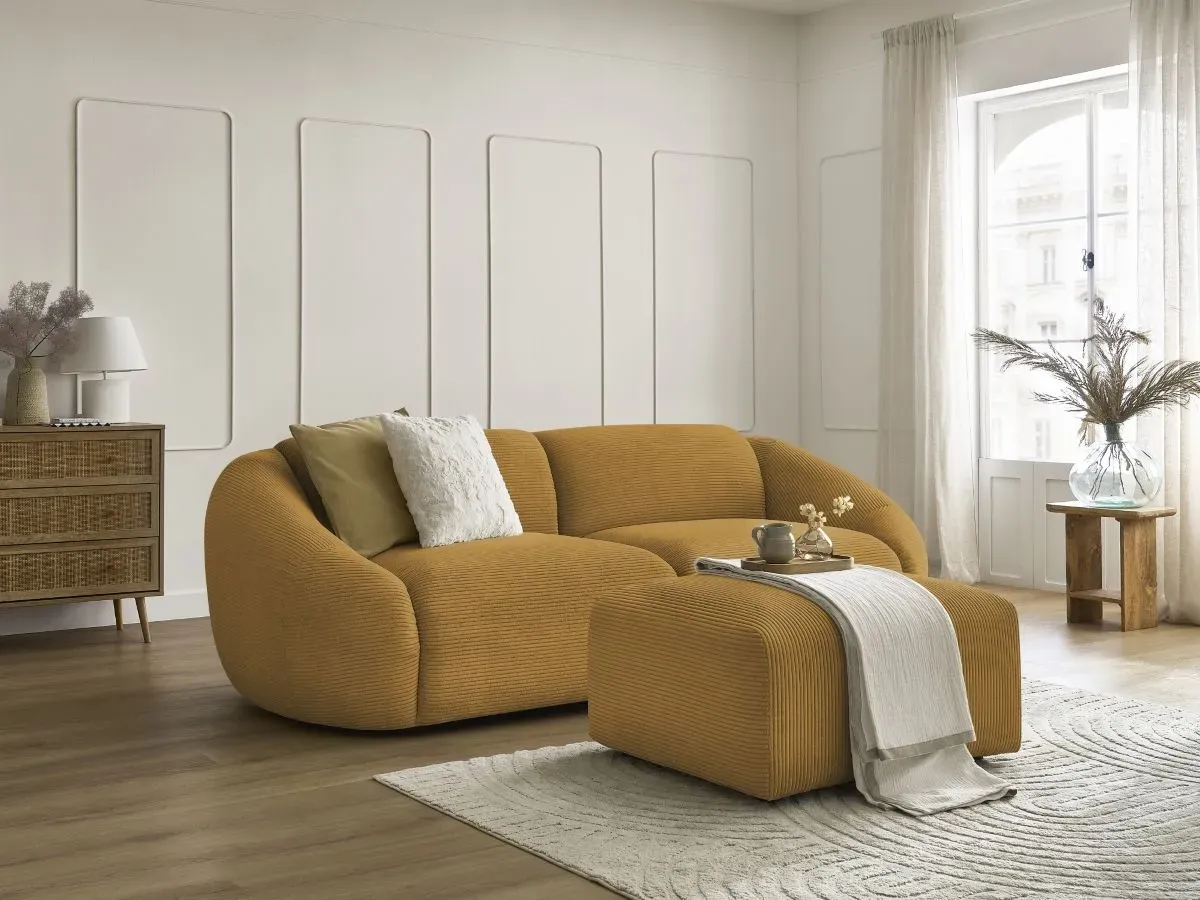 Canapé droit fixe 3 places TINA velours côtelé avec pouf jaune   BOBOCHIC