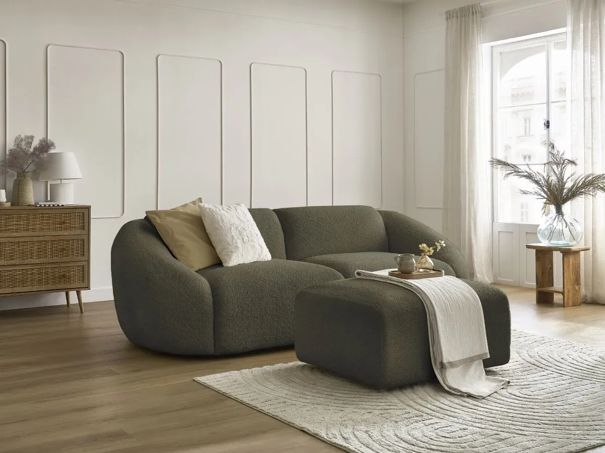 Canapé droit fixe 3 places TINA tissu bouclette avec pouf vert   BOBOCHIC