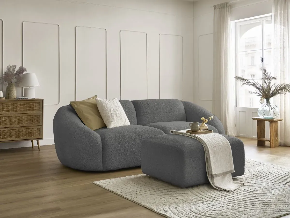 Canapé droit fixe 3 places TINA tissu bouclette avec pouf gris foncé   BOBOCHIC