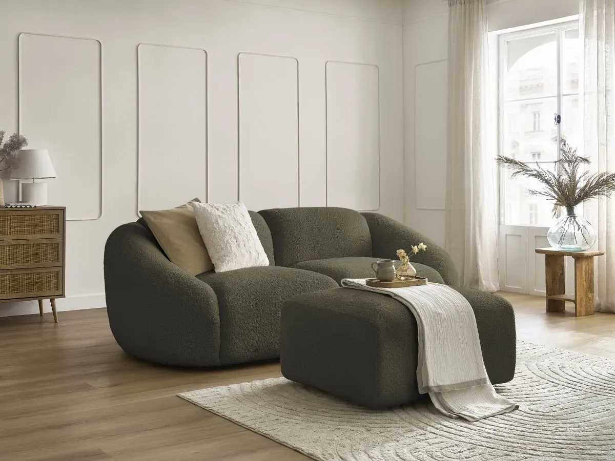 Canapé droit fixe 2 places TINA tissu bouclette avec pouf vert   BOBOCHIC