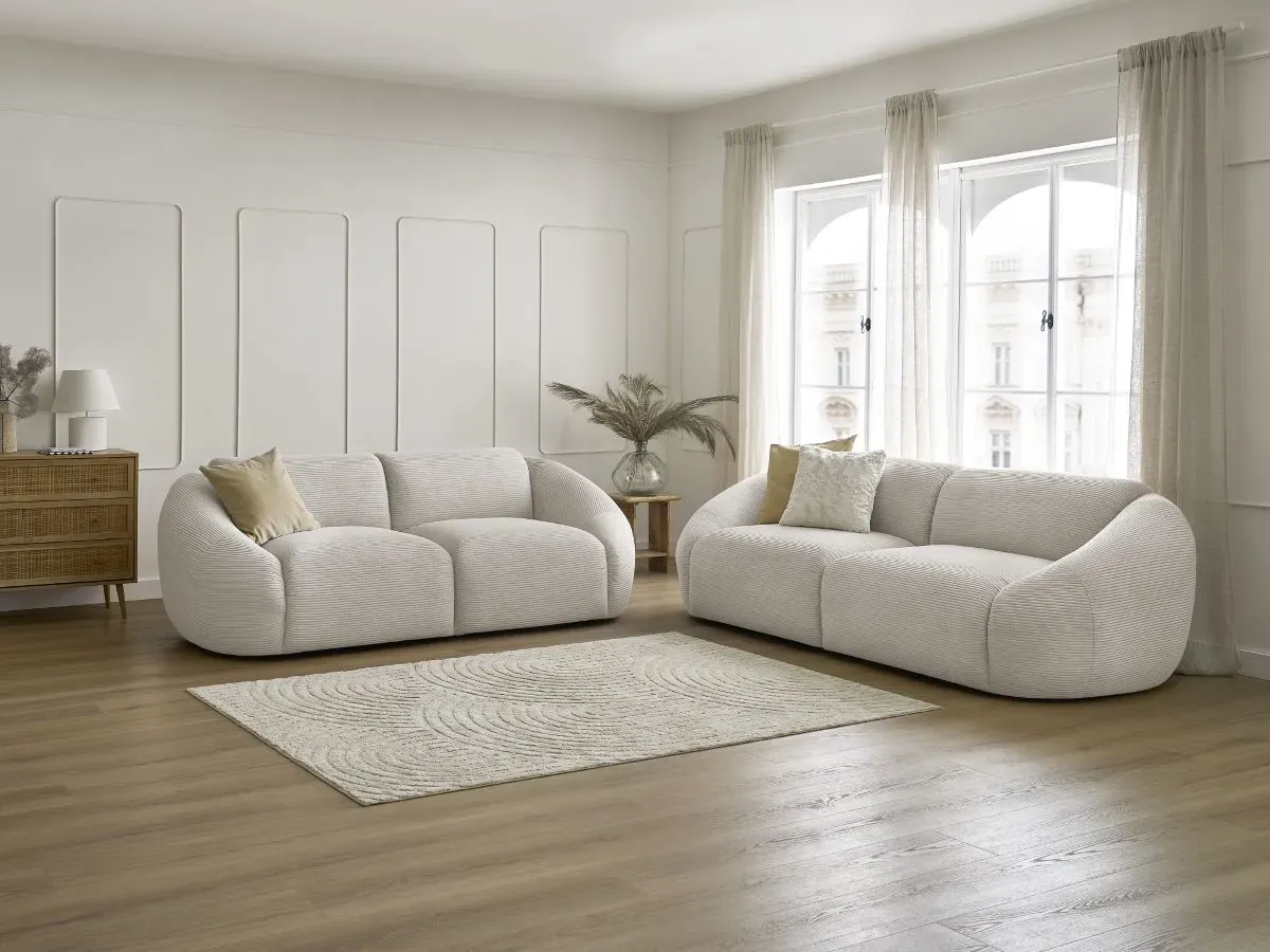 Ensemble canapé droit fixe 3 + 2 places TINA velours côtelé beige   BOBOCHIC