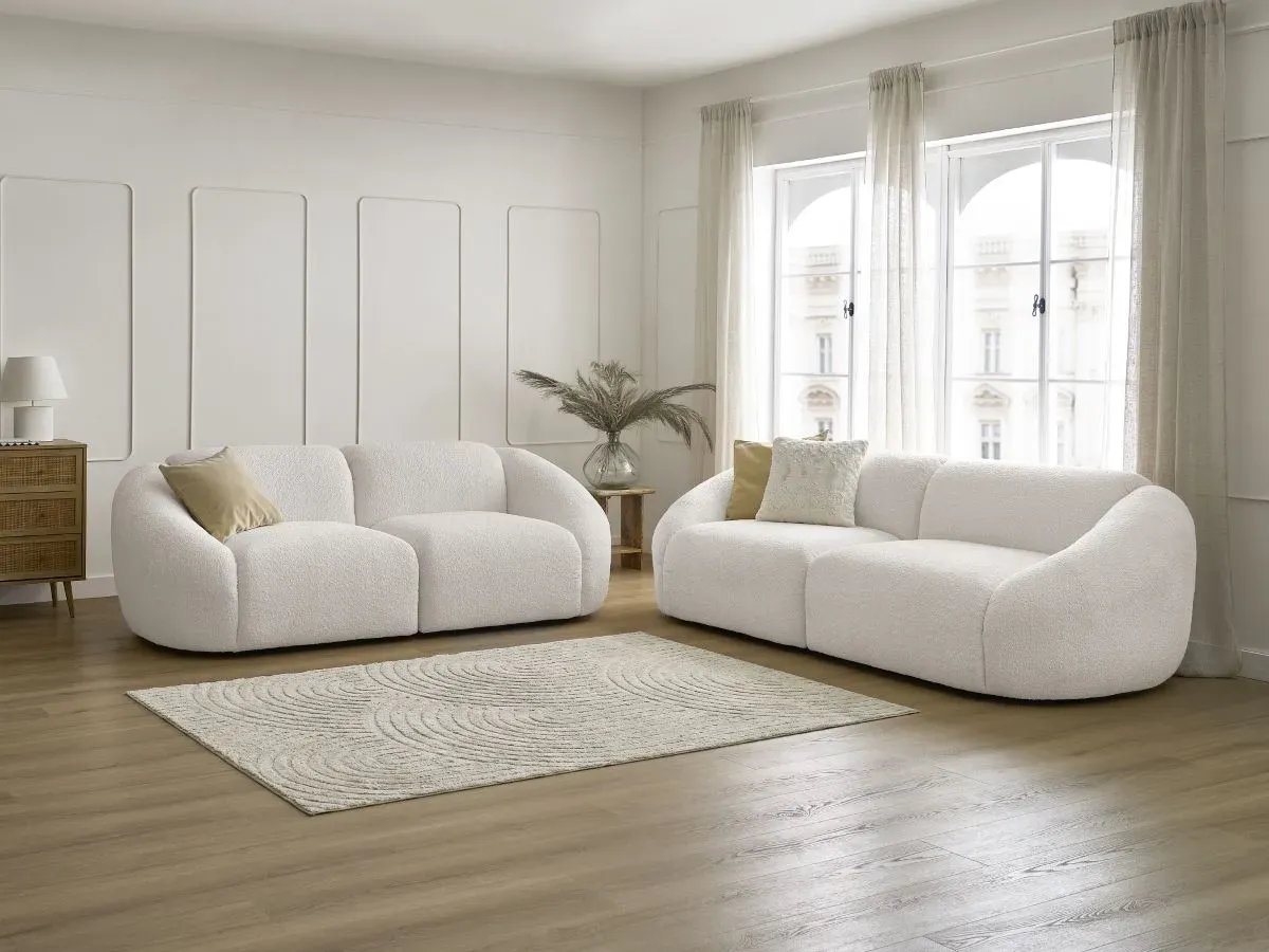 Ensemble canapé droit fixe 3 + 2 places TINA tissu bouclette blanc   BOBOCHIC