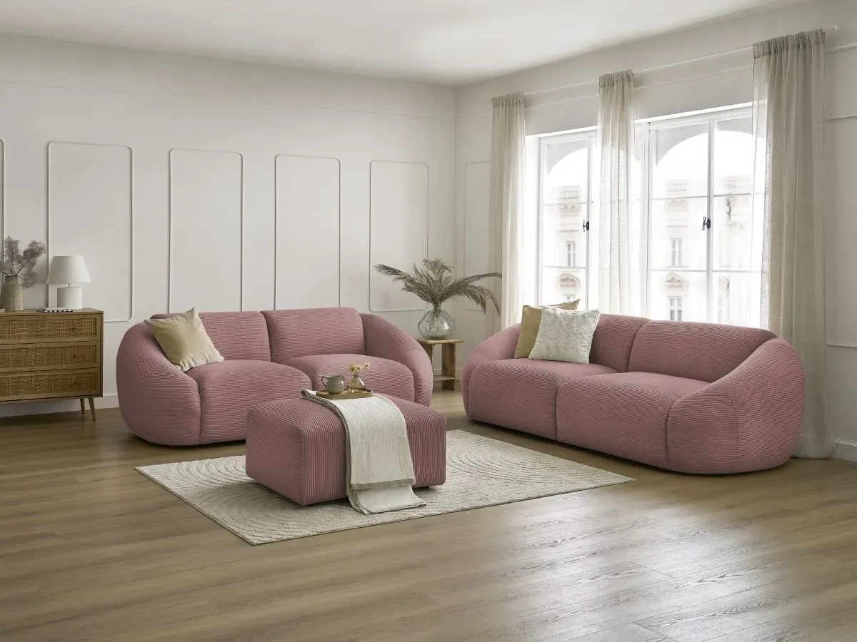 Ensemble canapé droit fixe 3 + 2 places TINA velours côtelé avec pouf rose   BOBOCHIC