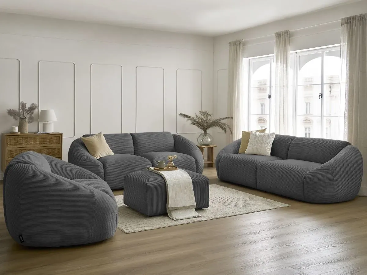 Ensemble canapé droit fixe 3 + 2 places + fauteuil TINA velours côtelé avec pouf gris foncé   BOBOCHIC