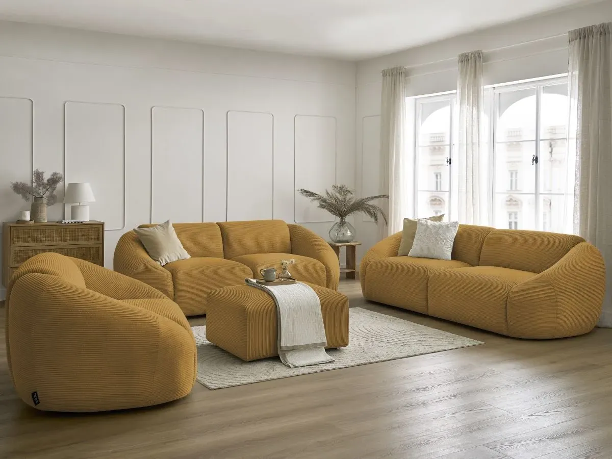 Ensemble canapé droit fixe 3 + 2 places + fauteuil TINA velours côtelé avec pouf jaune   BOBOCHIC