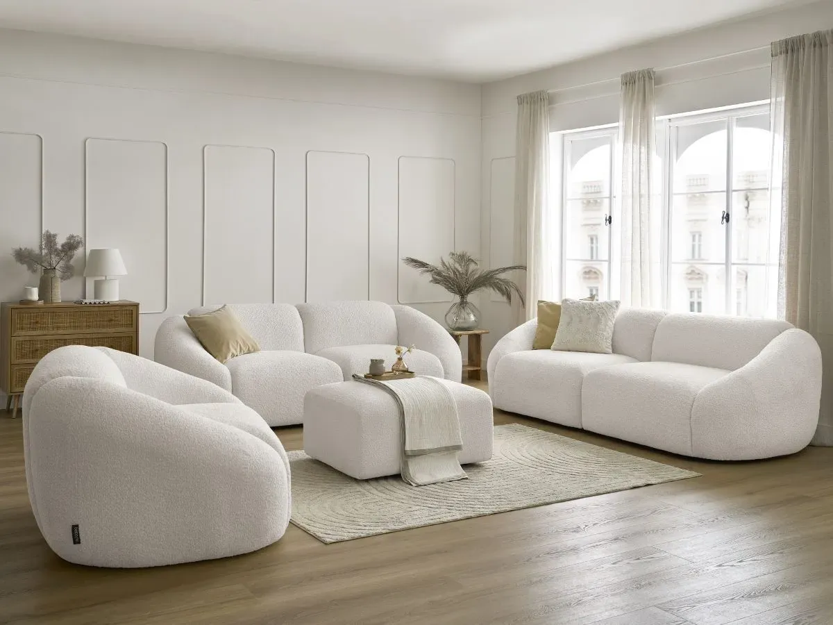 Ensemble canapé droit fixe 3 + 2 places + fauteuil TINA tissu bouclette avec pouf blanc   BOBOCHIC