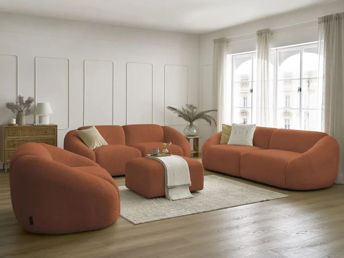 Ensemble canapé droit fixe 3 + 2 places + fauteuil TINA tissu bouclette avec pouf orange   BOBOCHIC