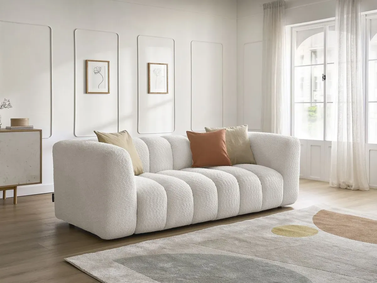 Canapé droit fixe 3 places TALIA tissu bouclette blanc   BOBOCHIC