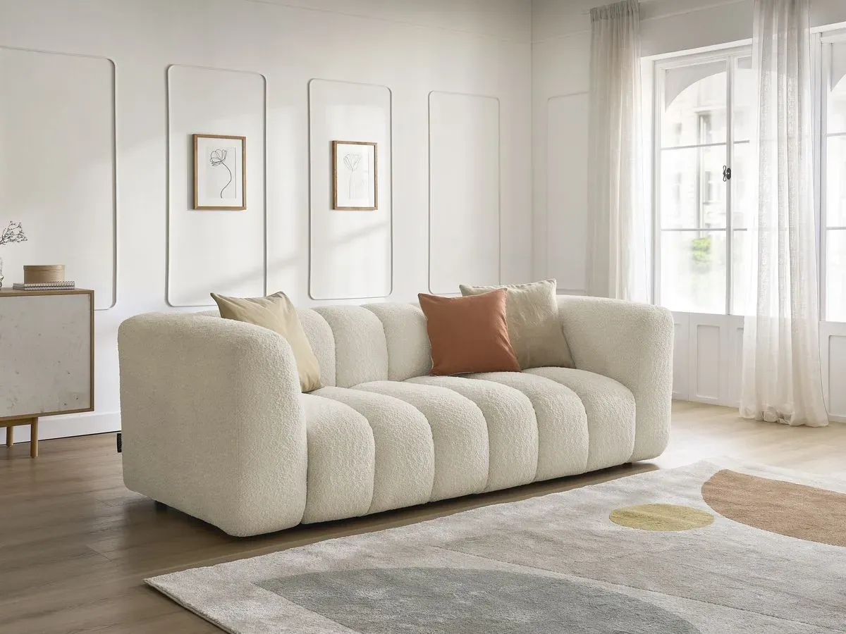 Canapé droit fixe 3 places TALIA tissu bouclette beige   BOBOCHIC