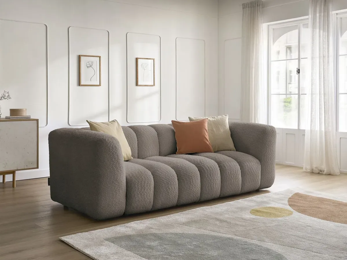 Canapé droit fixe 3 places TALIA tissu bouclette marron   BOBOCHIC