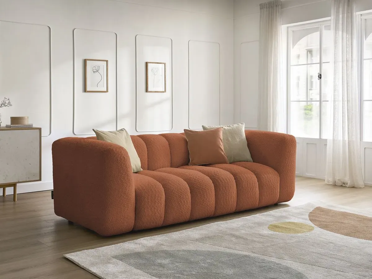 Canapé droit fixe 3 places TALIA tissu bouclette orange   BOBOCHIC