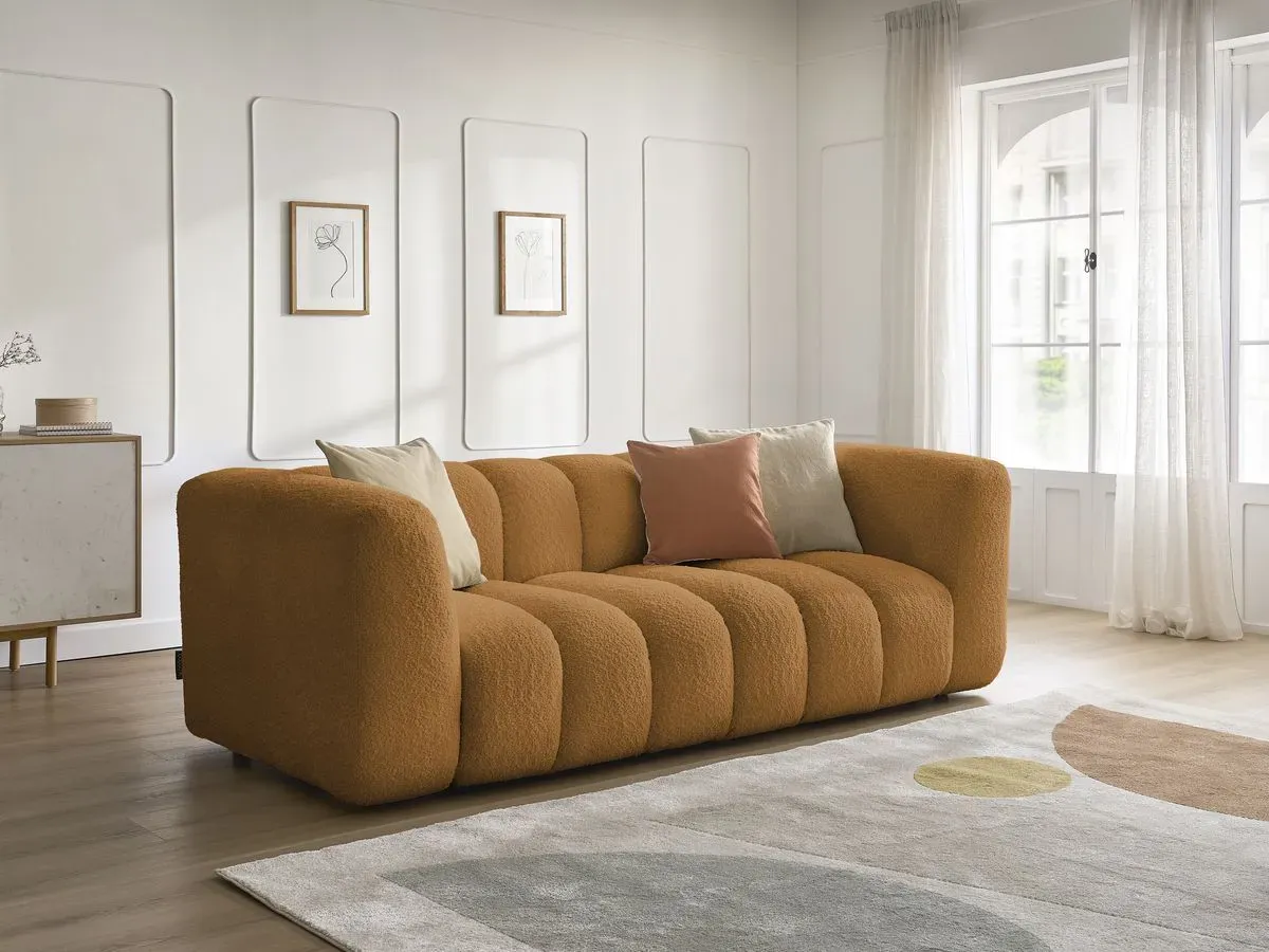 Canapé droit fixe 3 places TALIA tissu bouclette jaune   BOBOCHIC