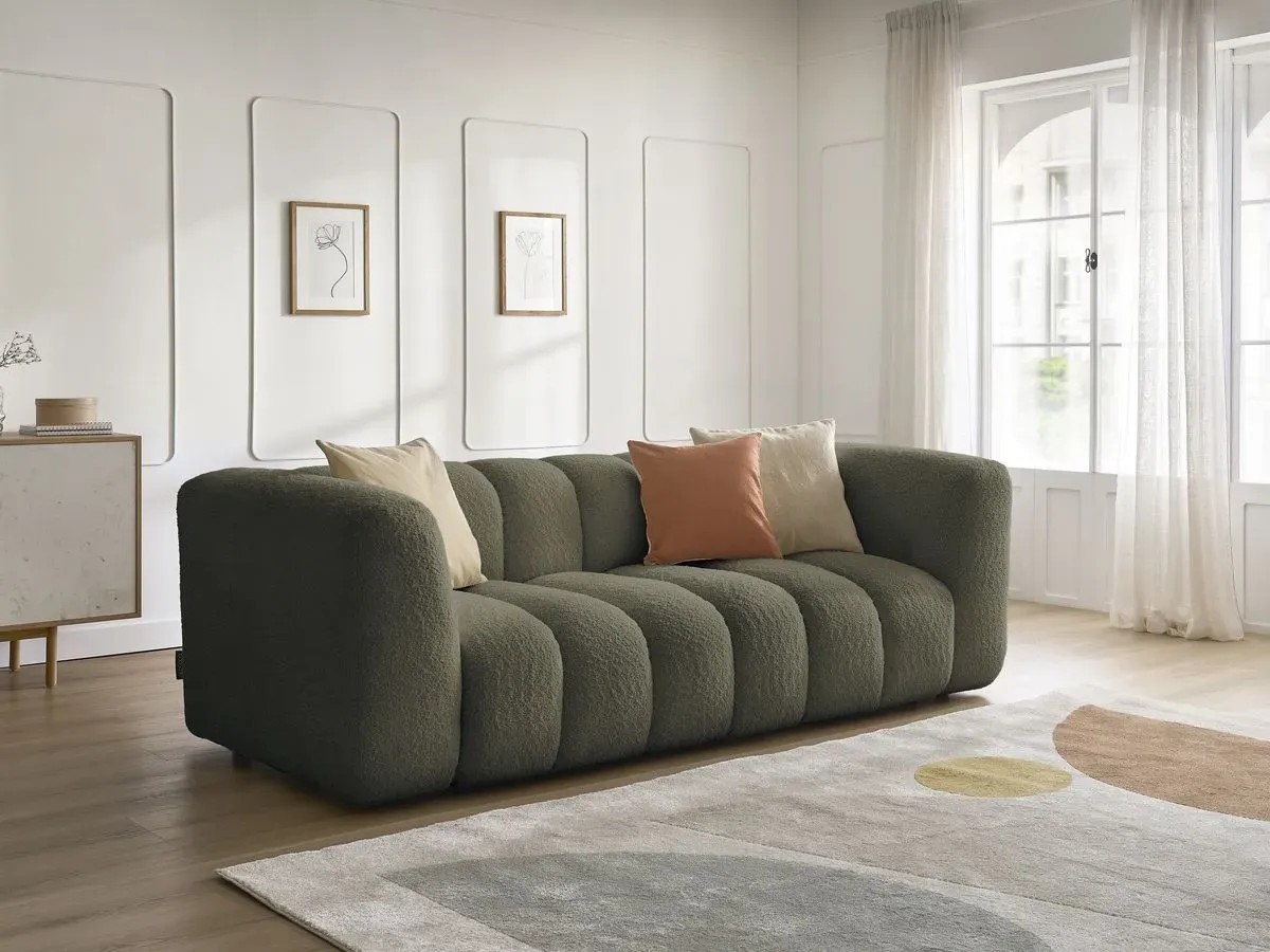 Canapé droit fixe 3 places TALIA tissu bouclette vert   BOBOCHIC