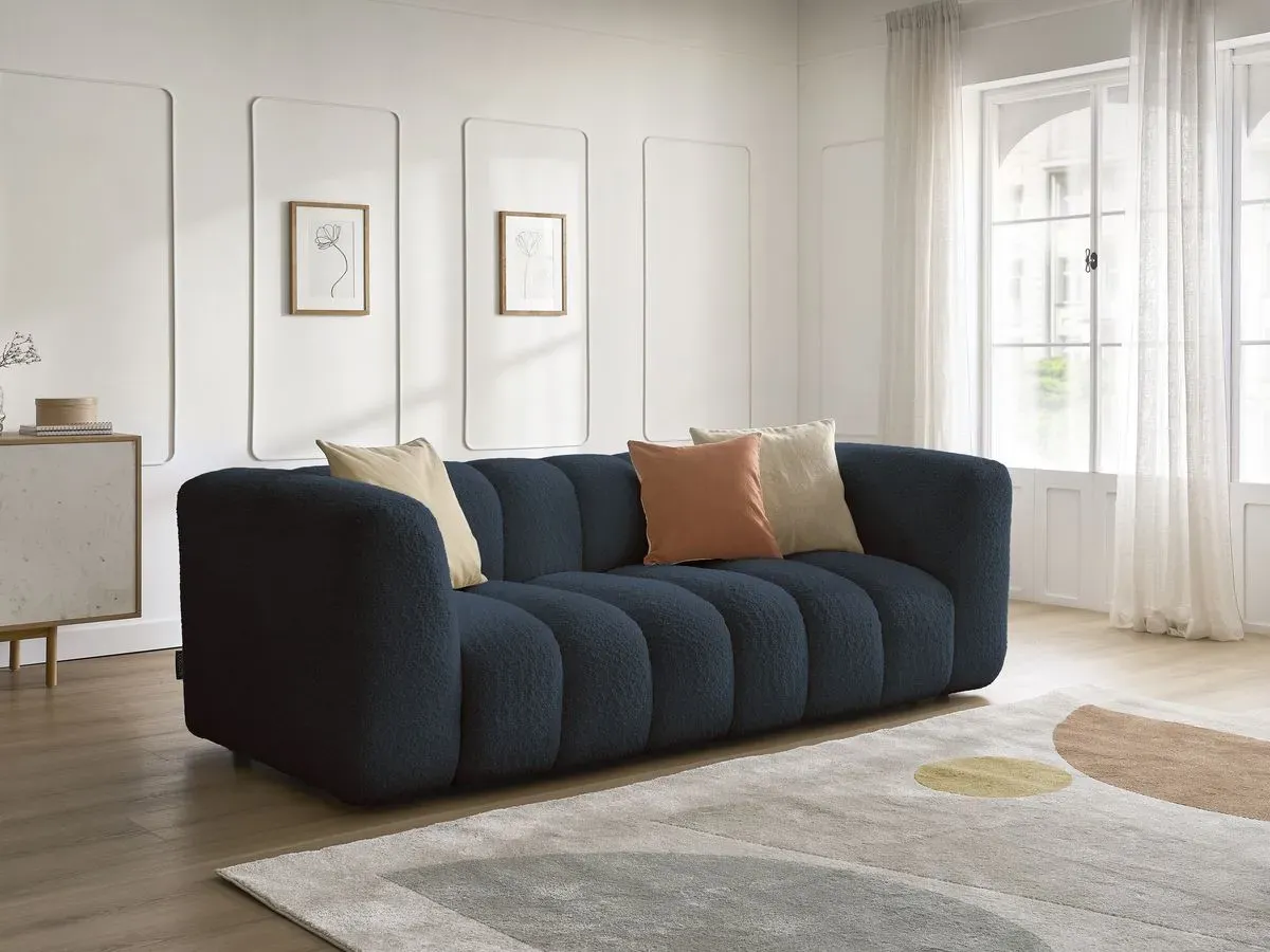 Canapé droit fixe 3 places TALIA tissu bouclette bleu foncé   BOBOCHIC