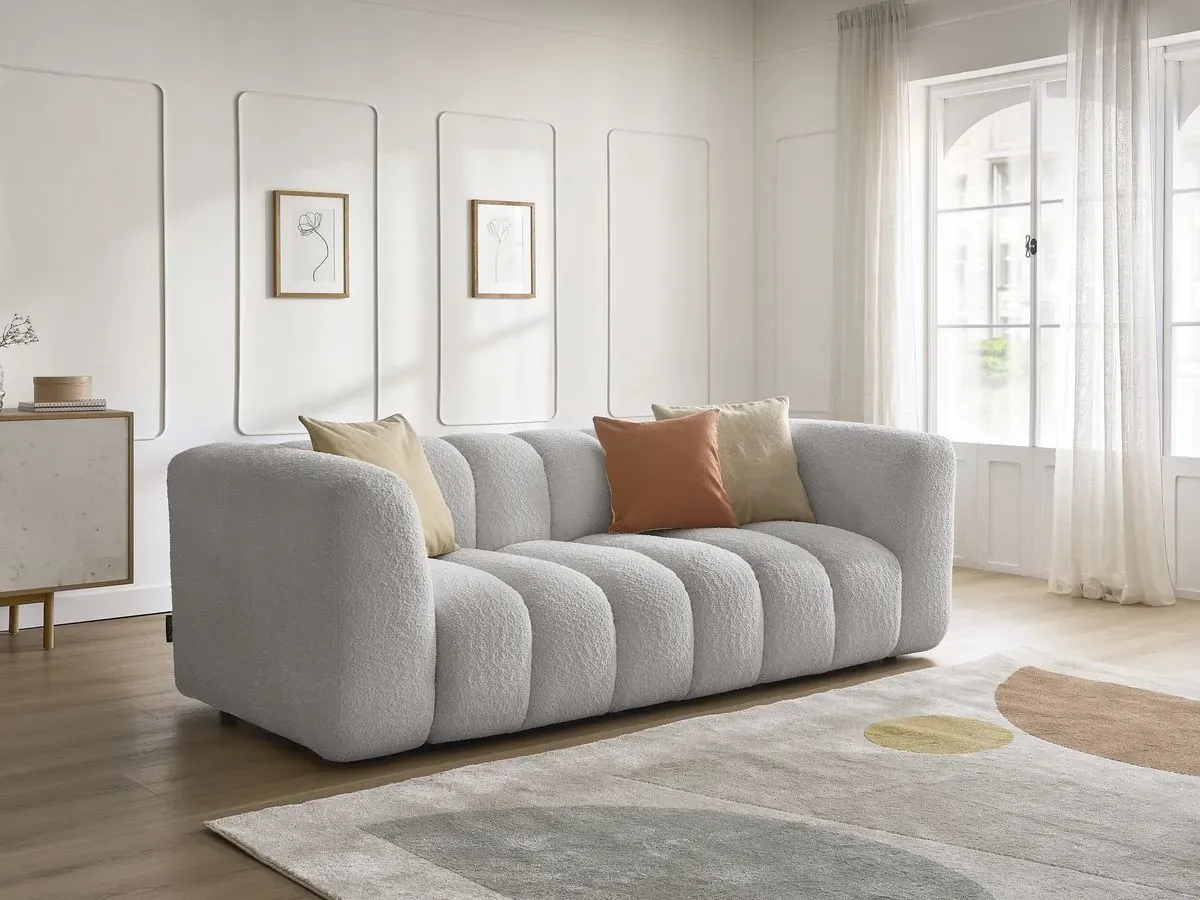 Canapé droit fixe 3 places TALIA tissu bouclette gris clair   BOBOCHIC