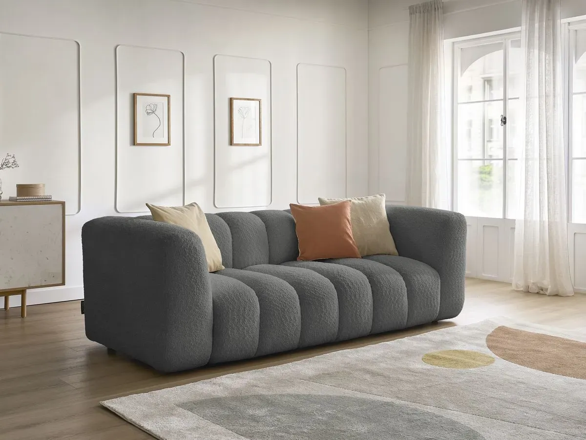 Canapé droit fixe 3 places TALIA tissu bouclette gris foncé   BOBOCHIC