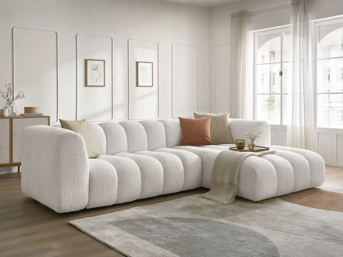 Canapé d'angle fixe TALIA tissu bouclette blanc  angle droit BOBOCHIC 4 places