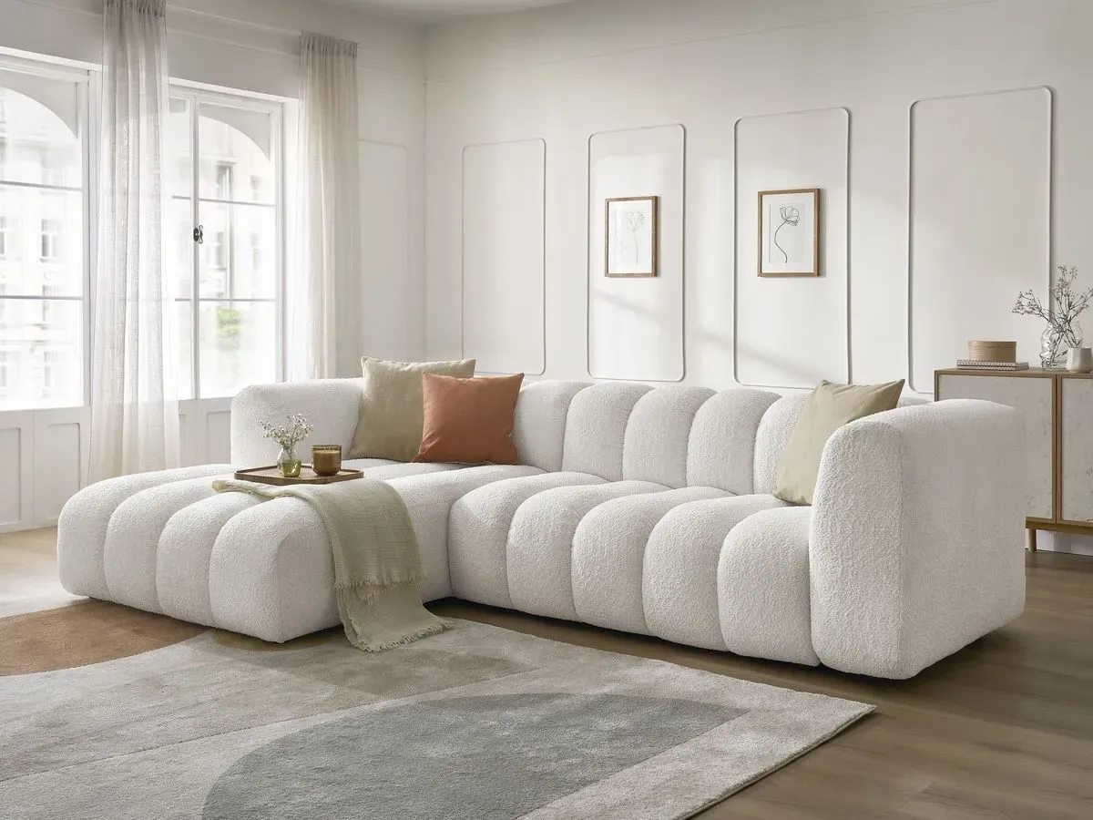 Canapé d'angle fixe TALIA tissu bouclette blanc  angle gauche BOBOCHIC 4 places