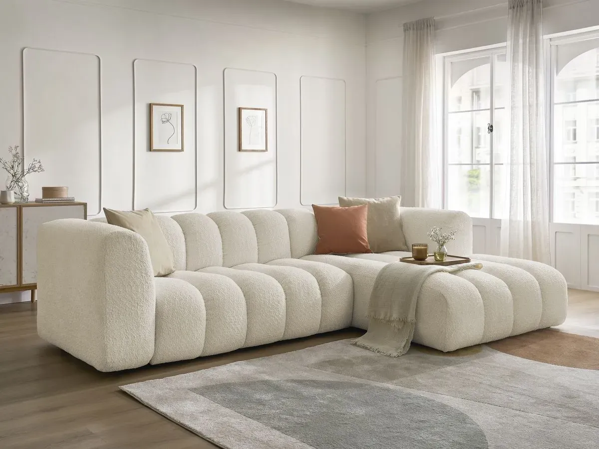 Canapé d'angle fixe TALIA tissu bouclette beige  angle droit BOBOCHIC 4 places