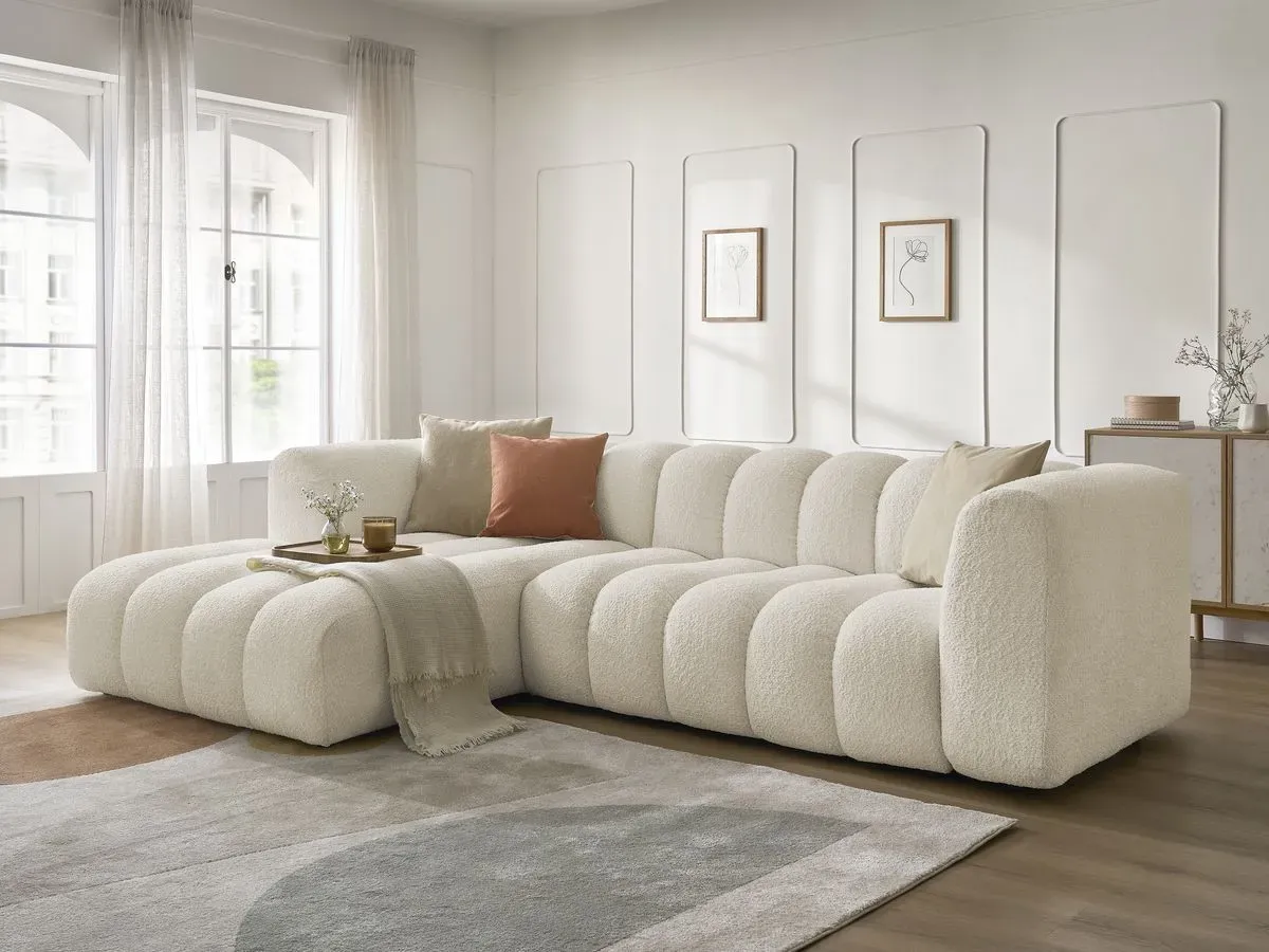 Canapé d'angle fixe TALIA tissu bouclette beige  angle gauche BOBOCHIC 4 places