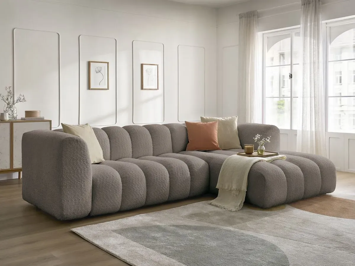 Canapé d'angle fixe TALIA tissu bouclette marron  angle droit BOBOCHIC 4 places