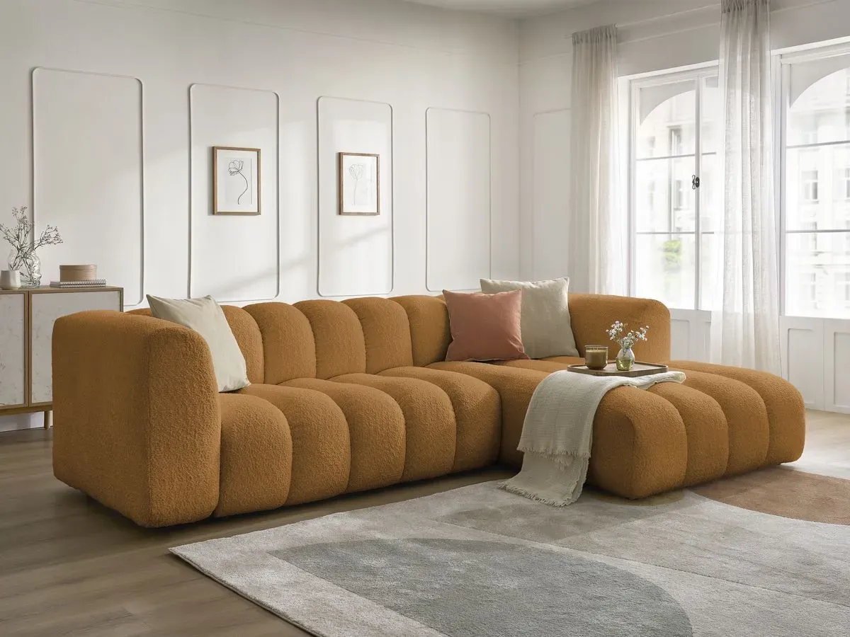 Canapé d'angle fixe TALIA tissu bouclette jaune  angle droit BOBOCHIC 4 places