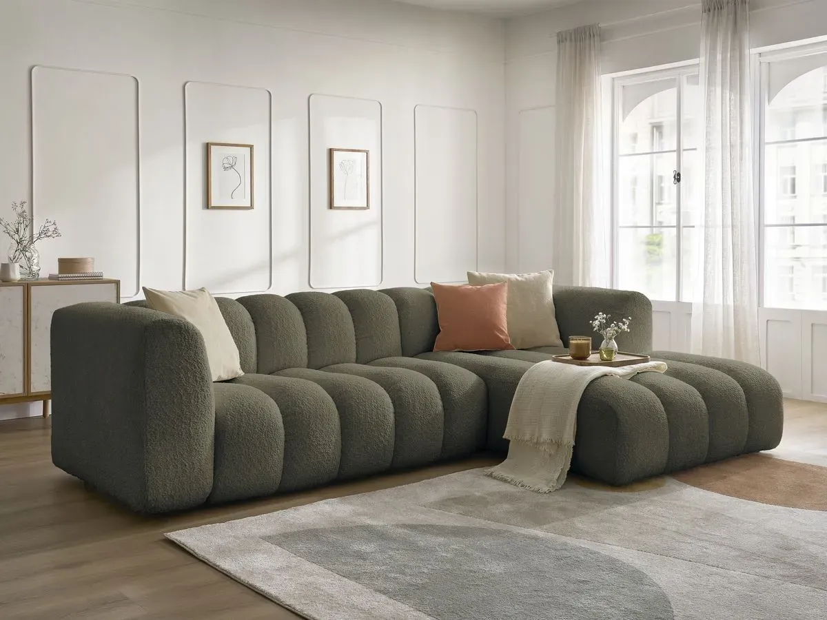 Canapé d'angle fixe TALIA tissu bouclette vert  angle droit BOBOCHIC 4 places