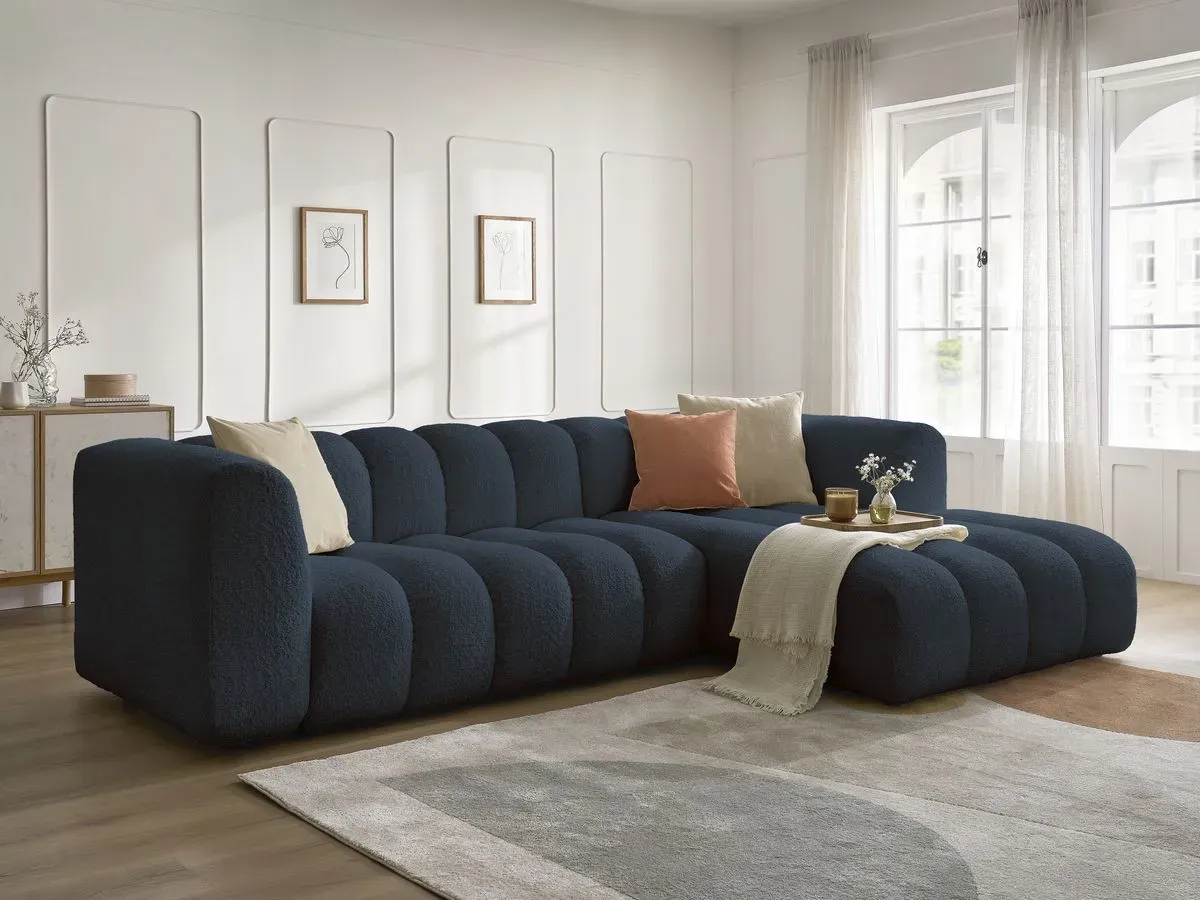 Canapé d'angle fixe TALIA tissu bouclette bleu foncé  angle droit BOBOCHIC 4 places