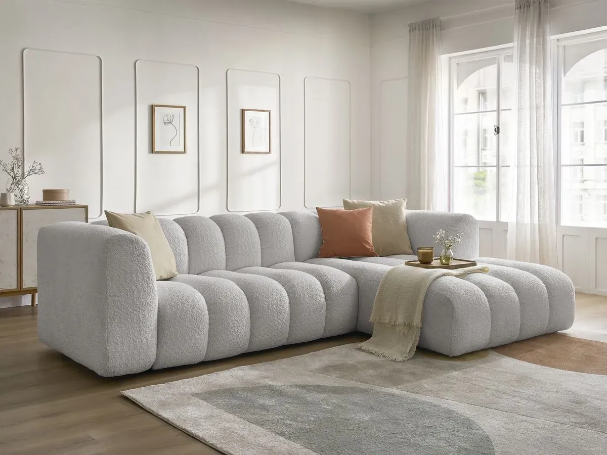 Canapé d'angle fixe TALIA tissu bouclette gris clair  angle droit BOBOCHIC 4 places