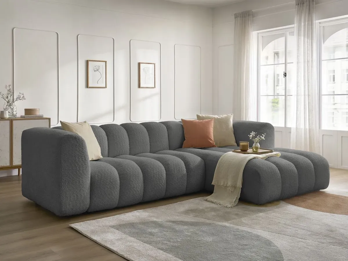 Canapé d'angle fixe TALIA tissu bouclette gris foncé  angle droit BOBOCHIC 4 places