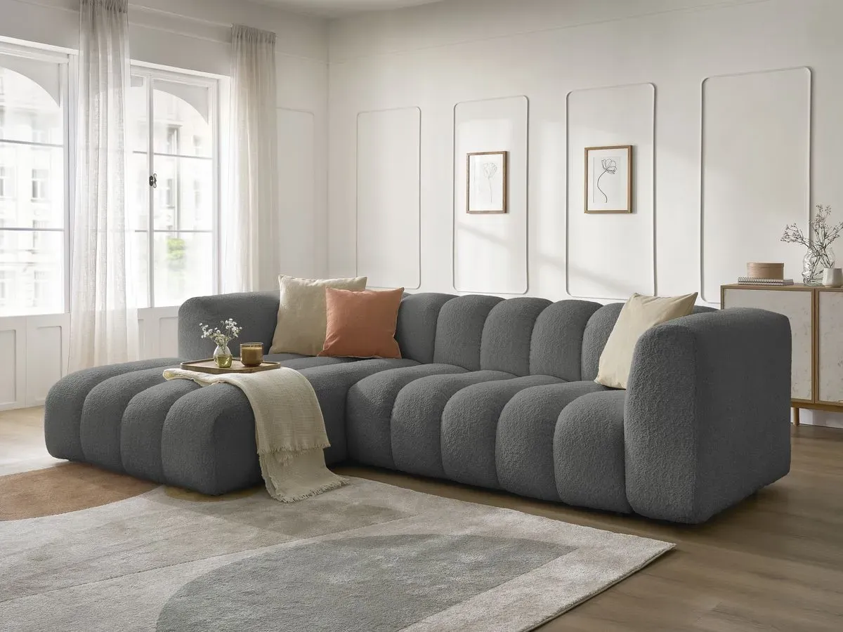 Canapé d'angle fixe TALIA tissu bouclette gris foncé  angle gauche BOBOCHIC 4 places