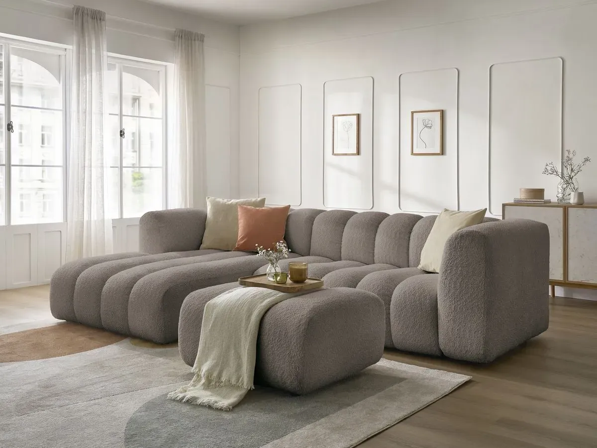 Canapé d'angle fixe TALIA tissu bouclette avec pouf marron  angle gauche BOBOCHIC 4 places