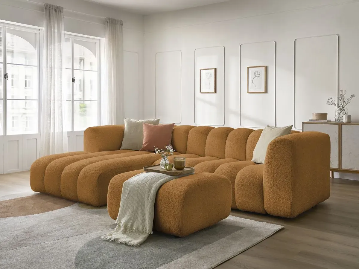 Canapé d'angle fixe TALIA tissu bouclette avec pouf jaune  angle gauche BOBOCHIC 4 places