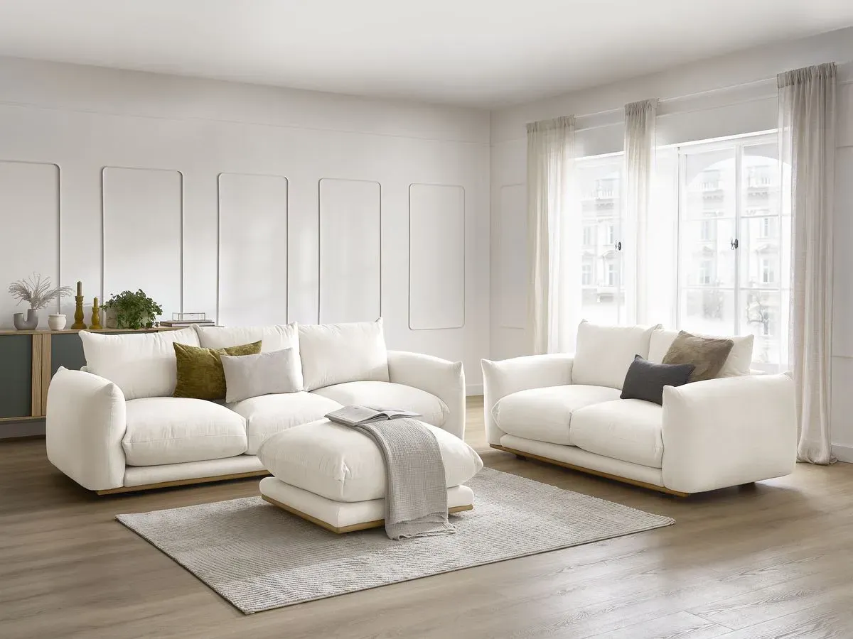 Ensemble canapé droit fixe 3+2 places ERNEST avec pouf beige   BOBOCHIC