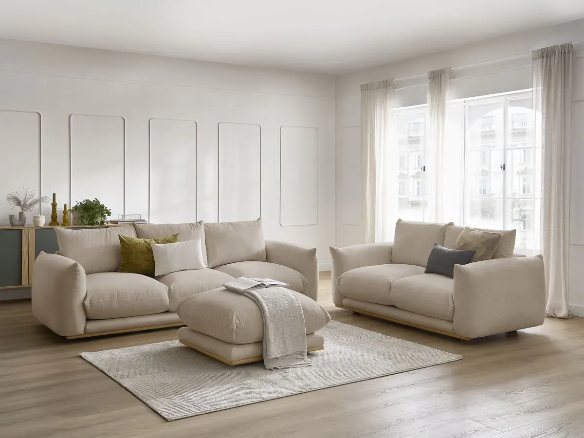 Ensemble canapé droit fixe 3+2 places ERNEST avec pouf taupe   BOBOCHIC