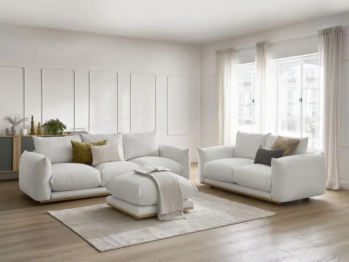 Ensemble canapé droit fixe 3+2 places ERNEST avec pouf gris clair   BOBOCHIC