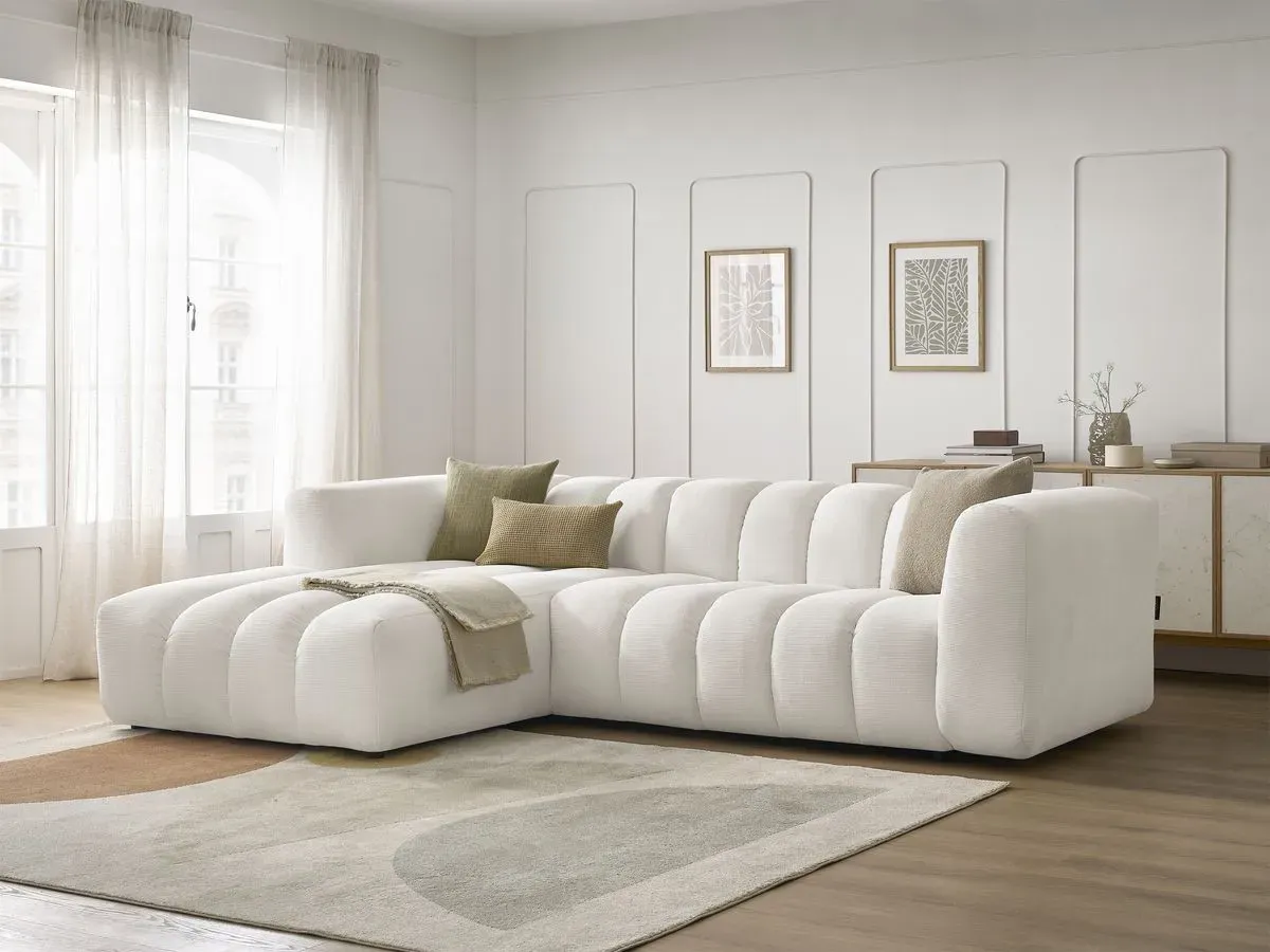 Canapé d'angle fixe TALIA tissu chiné blanc  angle gauche BOBOCHIC 3 places