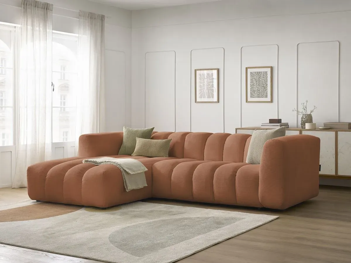 Canapé d'angle fixe TALIA tissu chiné orange  angle gauche BOBOCHIC 3 places