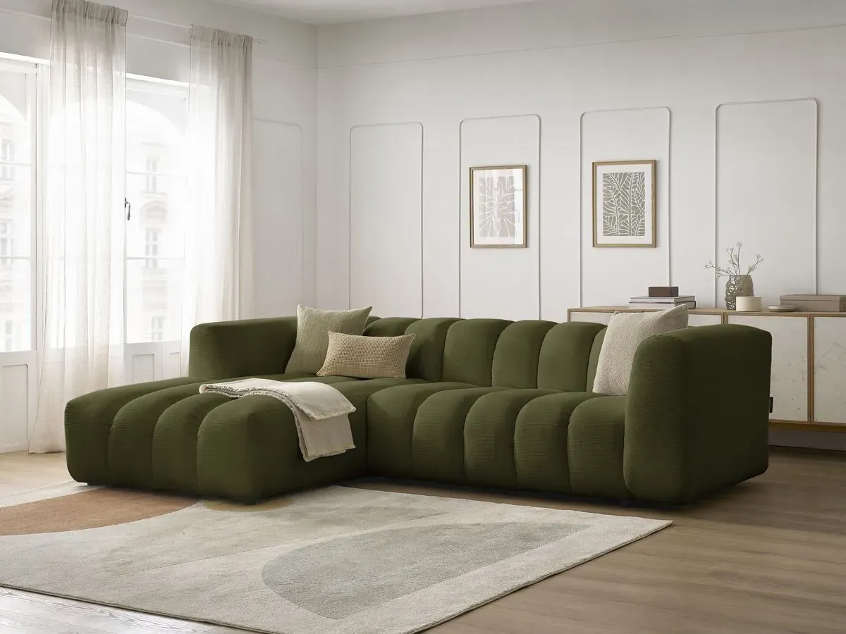 Canapé d'angle fixe TALIA tissu chiné vert  angle gauche BOBOCHIC 3 places