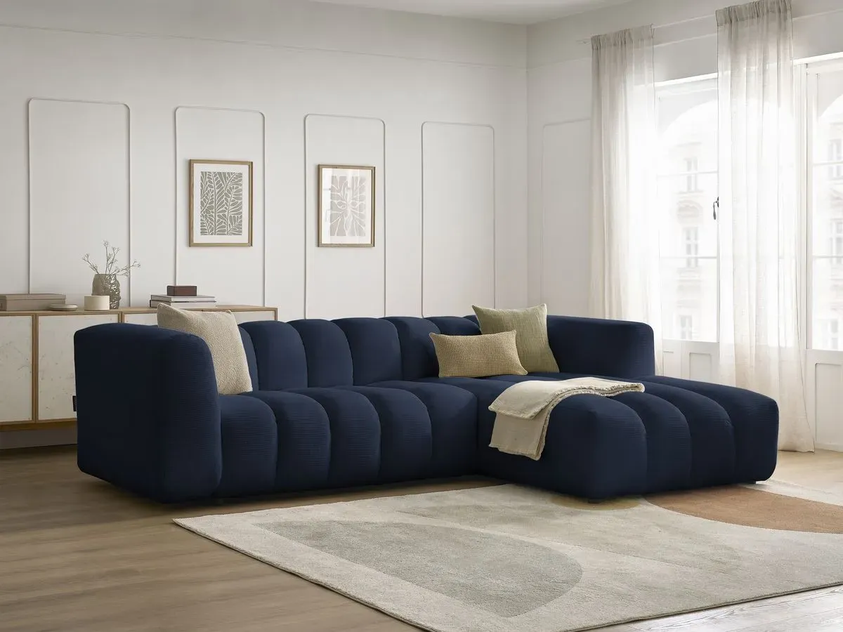 Canapé d'angle fixe TALIA tissu chiné bleu foncé  angle droit BOBOCHIC 3 places